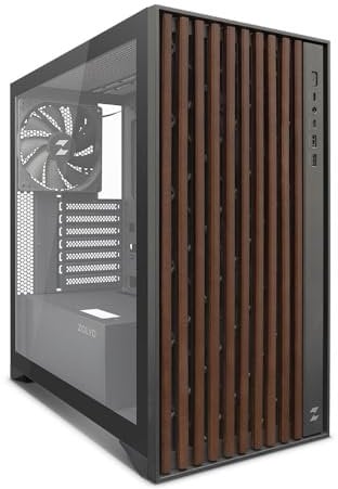 Zolyd Dynaria - Caja ATX con Panel Frontal de Madera, Cristal Templado, Ventilación Optimizada, 3 Ventiladores incluidos, Compatible con Refrigeración Líquida hasta 390mm, USB 3.0, Color Negro