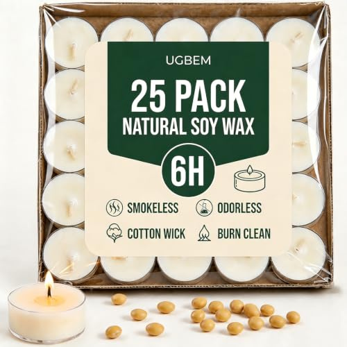 25 Pack Soy Wax Tealights, Unscented Tealight Candles, 6 Hours Burning Time | Unscented Paraffin-free Tea Lights for Wedding, Events, Home Decor, Emergency Use