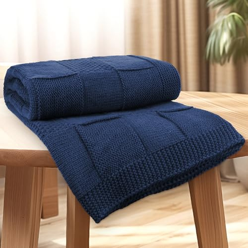 RWFMO Navy Blue Knitted Throw for Sofa, Soft Acrylic Blanket, 127 x 152 cm | Breathable Checkered Design, Lightweight and Machine Washable for Beds, Living Rooms and Everyday Lounging