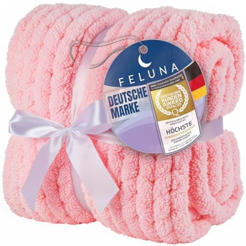 Feluna Couverture Confortable à Grosses Mailles - Couverte Polaire tricotée Plaid Douillette Couverture à Grosses Mailles pour Salon et Chambre d'amis (Rose, L)