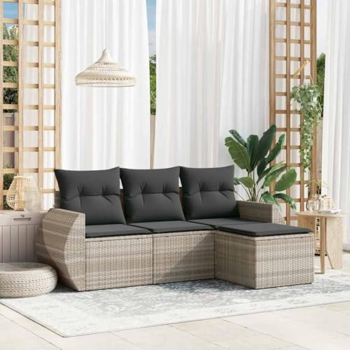 Frdhee Balkonmöbel Sitzgruppe Gartensitzgruppe,4 TLG. Garten Sofagarnitur mit Kissen Hellgrau Poly Rattan,Für Kleiner Balkon,Terrasse Und Draußen,Kann Schnell Zusammengebaut Werden