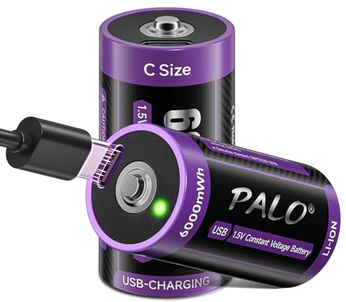 Mspalocell 6000mWh Pila C USB-C Litio Lr14 de Pilas Tipo C de Carga Rápida de 1,5 V con Cable de Carga, Baja Autodescarga, con Luz de Carga, Más de 1500 Ciclos Batería de 2 Piezas