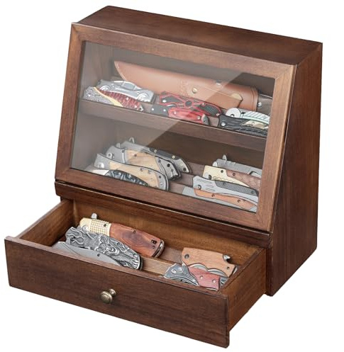 Emfogoo Messerhalter, Holz Messerständer, Taschenmesser-Vitrine für 22–30 Klappmesser mit Schublade, Sammelmesserständer für Klappmesser, Heimdekoration (Nussbaum)