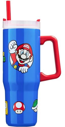 Get Trend Super Mario Gobelet Isotherme 920 ml, Double Acier Inoxydable Mug Isotherme avec Paille et Poignée, 42H Glace, 12H Froid et 8H Chaud, Sans BPA Gourde Sport ou Travel