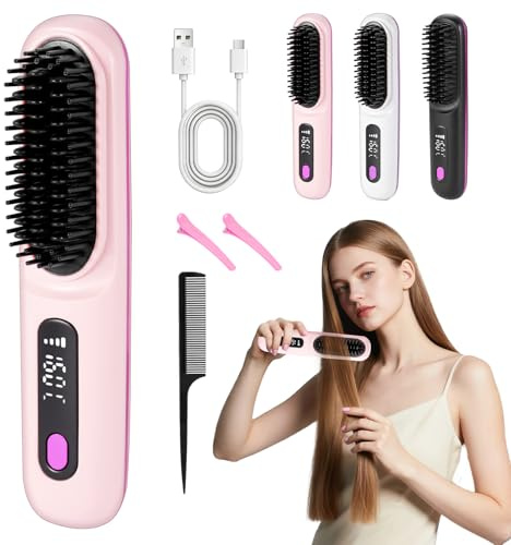 RUIZHI Haarbürste Elektrisch, Glättbürste Kabellos, Stylingbürste für Kurze Haare, Elektrische Haarglätter Bürste, Glättungsbürste, Hot Comb für Reisen, mit LED Anzeige und 3 Temperatureinstellung