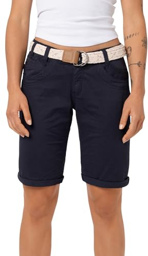 Sublevel Damen Stretch Twill Bermuda Shorts mit Flechtgürtel Dunkelblau Weiß