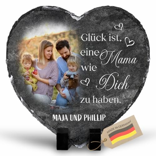 22Feels Mama Foto-Geschenk Personalisierte Herz-Schiefertafel mit Foto und Name Muttertagsgeschenk-Idee Schieferstein Fototafel Dekoration Erinnerung Eltern ca. 14 x 14 cm (mit Aufstellern)