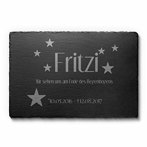 Gedenkstein für Hunde Katzen aus Schiefer - Tiergrabplatte mit Gravur & vielen Motiven - Exklusiv: Wetterfester Gravurschtz! Hundegrabstein Katzengrabstein personalisiert - 30x20 cm