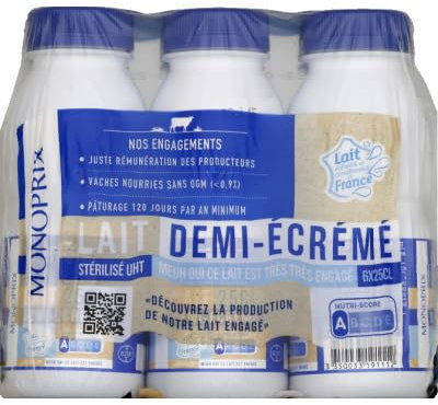 Monoprix Lait demi-écrémé stérilisé UHT - Les 6 bouteilles de 25 cl