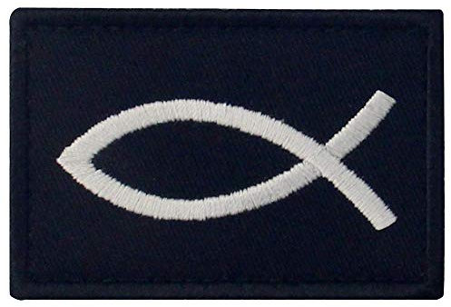 Jesus Fisch Ichthys Bestickter Aufnäher mit Haken- und Flauschbänder, Weiß schwarz