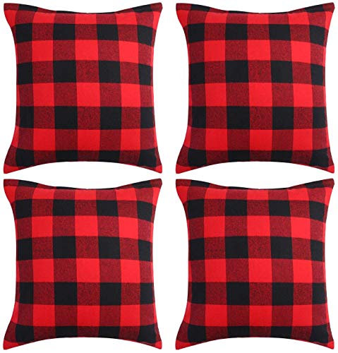 WANDER EU 4 Stück 45,7 x 45,7 cm Kissenbezug Büffel Plaid Schwarz Weiß Karo Kissen Classic Tartan Leinen Kissenbezug Sofa Schlafzimmer Auto (rot & schwarz)