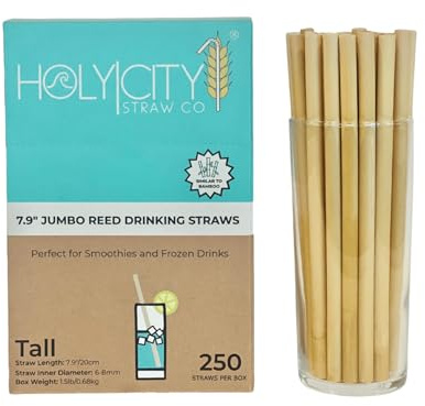 Holy City Straw Co. Reed Stem Straws | Tall | 250ct. | 7-9mm diameter | Similar to Bamboo |100% Plant-Based, Certified Compostable | Great for Smoothies, Milkshakes, Frozen & Signature Cocktails