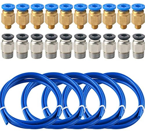 5 Stück PTFE Schlauch Teflonschlauch (Jede Länge beträgt 1m) mit 10 Stück PC4-M6 Pneumatik Anschlussstücke + 10 Stück PC4-M10 Pneumatik Anschlussstücke für 3D-Drucker (1,75mm Filament)