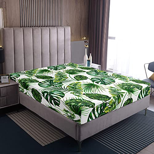 Palmblätter Spannbettlaken, Hawaiian Bettwäsche Sets Monstera Bananenblätter Spannbettlaken Sommer Tropisch Blätter Spannbettlaken Für Wohnzimmer Schlafzimmer Dekor, Grün Weiß,140x200x30