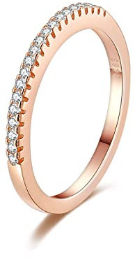 925 Sterling Silver 2MM Thin Rose Gold CZ Simulated Diamond Cubic Zirconia Ring Eternity Band Midi Knuckle Finger Engagement Wedding Band Stackable Rings For Her Size 42