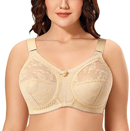 Ayigedu Women's Non Wired Non-Padded Minimizer Lace Plus Size Full Coverage Support Bra 38C Beige