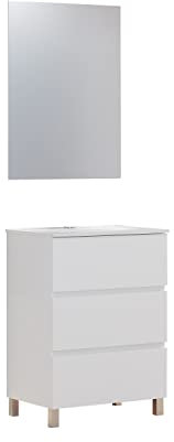 Baikal Conjunto de Mueble de Baño Neo con Espejo Luna Lisa, Tres Cajones o Dos Puertas, Mueble con Patas. Varios Acabados y Medidas. Melamina 16mm. Mueble MONTADO. 3c 60 Blanco