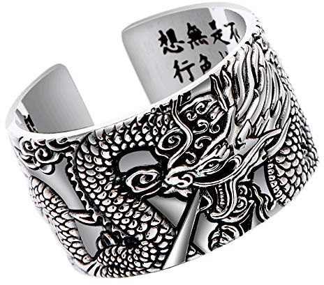 Bague dragon chinois vintage en argent sterling 999 avec sutra du cœur pour hommes femmes ouverte réglable