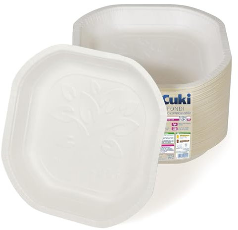 Cuki Assiettes creuses en carton biodégradable et compostable, idéales avec aliments liquides et chauds, 1 lot de 75 pièces, pour pique-niques, fêtes, barbecues, déjeuners et dîners, 19,8 x 19,8 cm