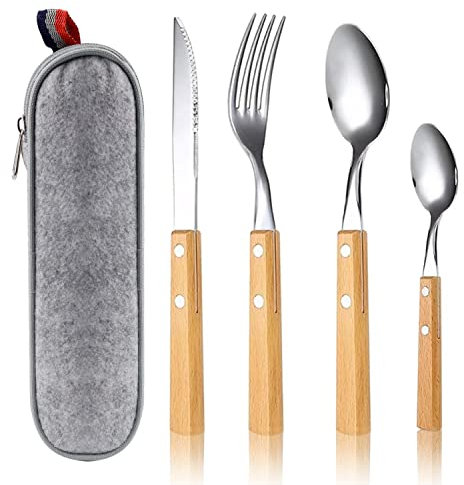 LERANXIN Messer Gabel Set, Besteck Set 1 Personen, Edelstahl Besteck Camping Besteck Set, Besteck mit Verdicktem Holzgriff Küchenbesteck, Camping Besteckset 1 Personen