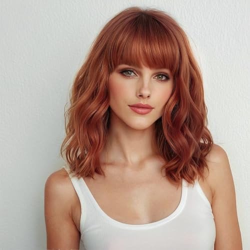 YEESHEDO Damen Perücke Kupferrot Kurz Bob mit pony Locken Natürlich Perücken für Frauen Cosplay Perrucke Wig 14 Zoll (Auburn)