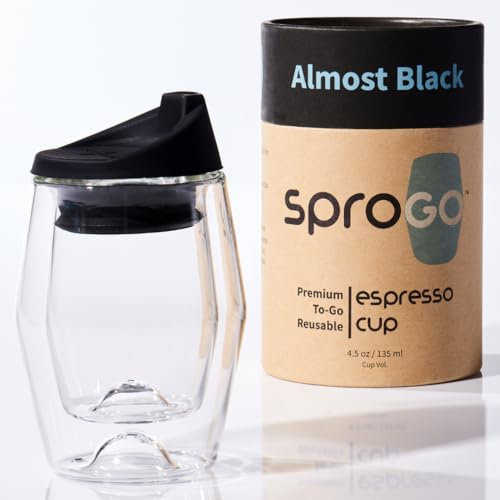 SPROGO, To-Go Espressotasse (fast schwarz) Espresso-Reisebecher, 118 ml Becher, doppelwandige Glaswand, kleine Cortado-Gläsergröße, Reisebecher mit Deckel, wiederverwendbar, passend für Becherhalter
