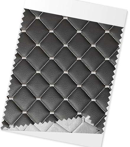 OMAC Geprägte Schwarz Kunstleder Auto Polsterung Leder Patches | Interieur Zubehör mit Diamant-Stich Autositz Lederjacke 140cm x 100cm (Grau Diamant- Silber Stich)