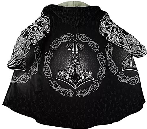 JHBTFQ Wikinger Herren Umhang Mantel aus Kaschmir Imitat, 3D Gedruckte Mittellange Winter-Kapuzenjacke Cosplay Kostüm,Thor Hammer,XL