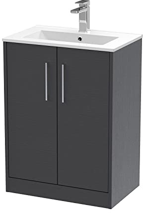 Hudson Reed JNU2203B Juno Modern Bathroom Floor Standing 2-Door Vanity with Minimalist Ceramic Basin, 600mm, Woodgrain Graphite Grey