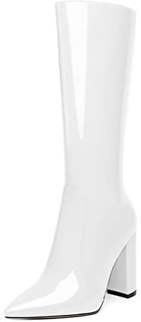 Mettesally Stivali alti da donna, a punta con tacco alto e grosso, con cerniera al ginocchio in inverno Stivali con cerniera al polpaccio Bianco EU37