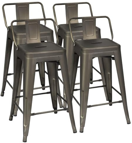 COSTWAY Lot 4 Tabourets de Bar Empilable en Métal avec Dossier Bas Amovible, Hauteur d'Assise 60 CM, Pieds en Caoutchouc Antidérapants, Tabourets Hauts de Bar pour Bistrot, Cuisine, Café
