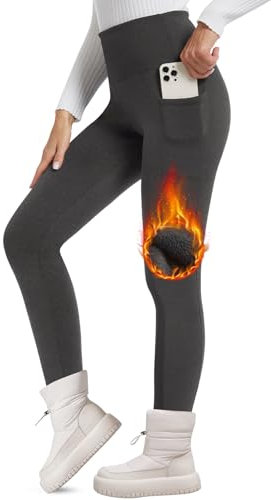 FOTOCITI Thermo Leggings Damen Winter Mit Tasche Thermoleggins Gefütterte Fleece Warme Thermounterwäsche High Waist Lange Sportleggins Yogahose Hose(Grau,L-XL)
