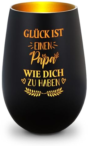 GRAVURZEILE Deko Windlicht aus Glas mit Gravur - Glück ist einen Papa wie Dich zu haben - Schönes Geschenk für den besten Papa der Welt zum Vatertag Geburtstag - Schwarz/Gold