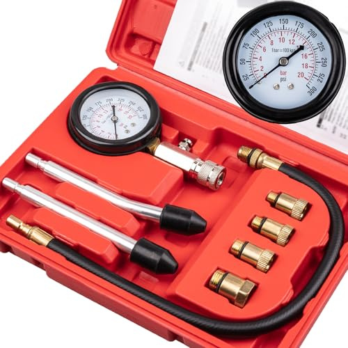 Clatoon 8pcs Petrol Engine Cylinder Compression Tester Kit, Small Engine Compression Tester Automotive Tool Gauge 0-300PSI for Testing Car Motorcycle Outboard Motor Snowmobile Chainsaw