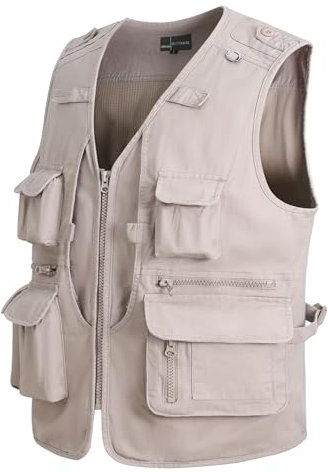 MeiLayM Herren Outdoor Weste Anglerweste mit Multi-Taschened Sommer Freizeit Baumwolle Weste Hundeweste Leicht Safari Weste Fotografie Weste Camping Wandern Ärmellos Jacke Beige,M