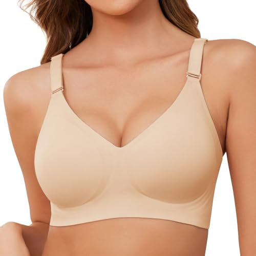 TOMEEK Bras for Women Non Wired Support Full Coverage Push up V Neck Seamless Wireless Bra Ladies Comfort Everyday Bras Zero Feel Bralettes with Pads,Beige, Size L