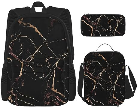OUSIKA Black Gold Marble 3 Pcs Print Backpack Sets Casual Daypack with Lunch Box Pencil Case for Women Men