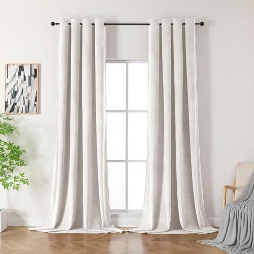 CUCRAF Samtvorhang mit Ösen 2er Set, blickdichte und lichtundurchlässige Vorhänge, H 225 x B 140cm, luxuriöse wärmeisolierende Vorhänge für Wohnzimmer und Schlafzimmer (Elfenbeinweiß)