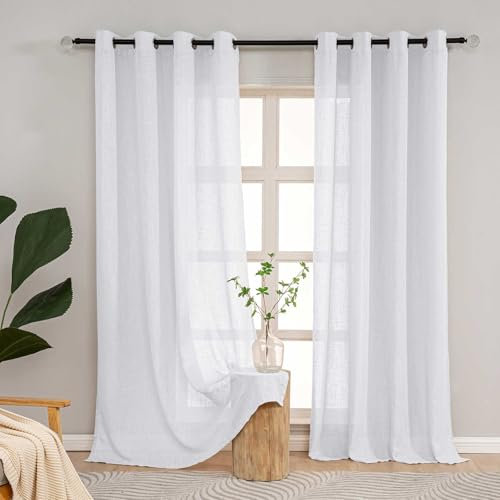 L.Z.E Weiß Gardinen mit Ösen für Wohnzimmer, Halbtransparent Leinenoptik Vorhänge, 2er Set Modern Fenster Stores Durchscheinend Dekoschals für Schlafzimmer, 225 cm (LZE2206WI225)