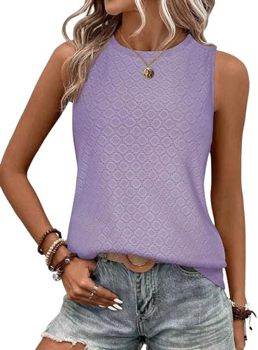 BAISHENGGT Damen Tank Tops Sommer Rundhals Ärmellos Ausgehöhlt Basic T Shirt Oberteile Lila S