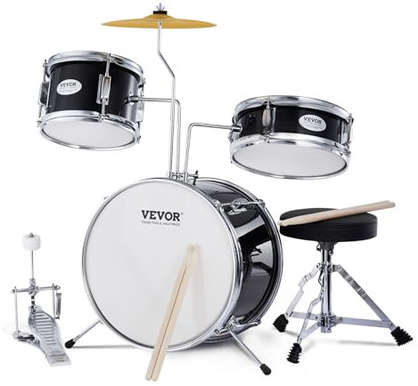 VEVOR Schlagzeugset, 3-teilig, Drum-Set mit verstellbarem Thron-Becken-Pedal, Zwei Paar Drumsticks, ca. 20 cm Tom Drum, ca. 25 cm Snare Drum, ca. 36 cm Bass Drum, Schlagzeugset für Kinder, schwarz