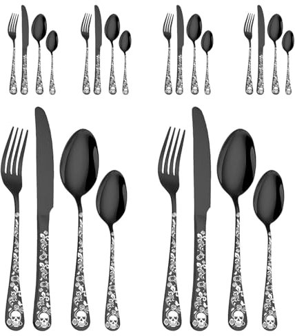 Besteckset aus Edelstahl, Utensilienset aus Metall,Edelstahlbesteck mit Totenkopfmuster, 24-teilig | Tragbare Küchengabeln und -löffel, Besteck für das Essen in der heimischen Küche, beim Camping
