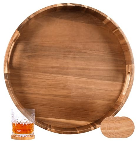 MornHalo Extra Large 20 Acacia Wood Tray with Handles - Wooden Serving Tray for Ottoman, Coffee Table, Charcuterie, Bed & Breakfast - Rustic Modern Style