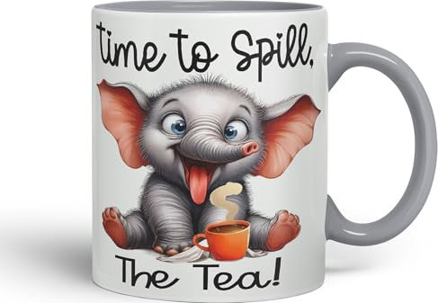 Vixar Time to Spill The Tea Elephant Joke sarkasm Sarcastic Ceramic Coloured Mug Cup for Tea Coffee Hot Brew 330ml 11Oz Gift (Grey)
