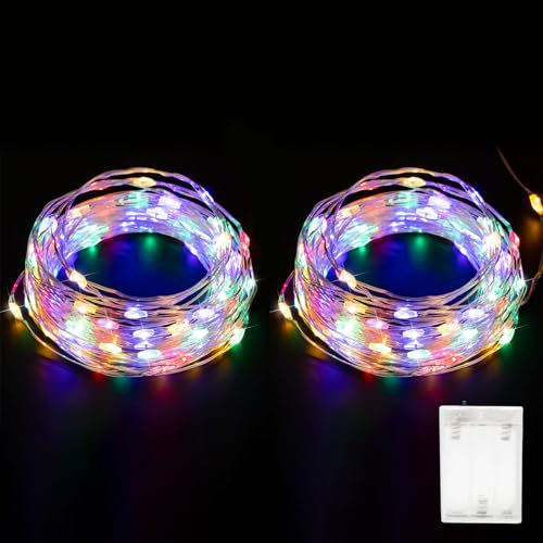 COCOSY Luci Natale Esterno Batteria, 2 Pezzi 10M 100 LEDs Twinkly Luci Albero Natale Esterno Batteria Lmpermeabile, Natale Decorazioni per Giardino Balcone Camera Gazebo Ringhiera(Colorate)
