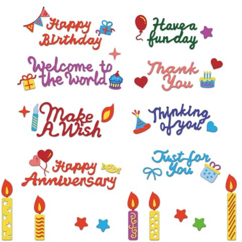 GLOBLELAND Geburtstagsgrüße Text Papierpräge Stanzschablonen Set „Happy Birthday“ Handwerk Stanzmaschine Schablonen Geburtstagskerzen Metall Stanzschablone Set für Kartenherstellung Handgefertigtes