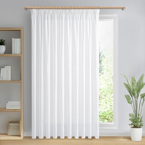 MRTREES Extra Breite Gardinen Leinenoptik Halbtransparent für Große Fenster Wohnzimmer, Vorhang Weiß Kräuselband 1 Stück 240 cm Lang 300 cm Breit Vorhänge Weiss für Schienen Leinen Schlafzimmer