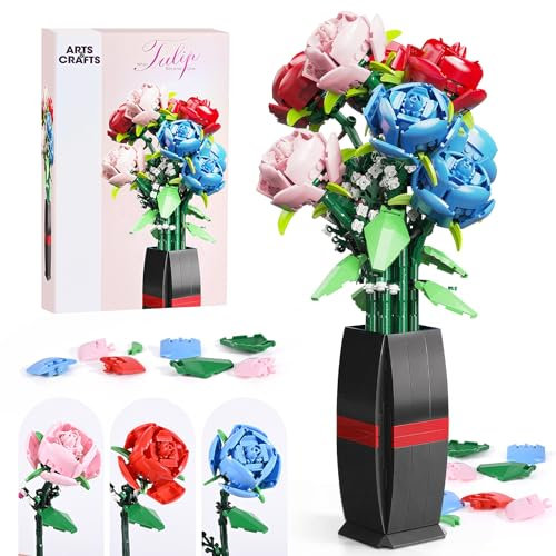 Euakee Blumen Bausteine Bausatz, Blumen Bauspielzeugset mit Vase, DIY Pflanze Blumenstrauß Dekoration, Idee Geschenke für Valentinstag Geburtstage Muttertag (Rosen)