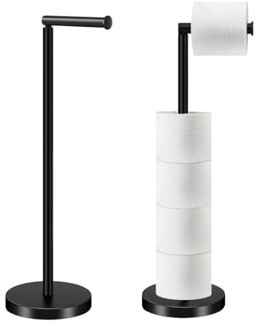 HOMEZI Toilet Roll Holder Free Standing with HEAVY BASE, Premium Toilet Roll Stand, Stainless Steel loo roll holder for Bathroom 2 in 1 Holder and Storage for 5 Rolls - Black