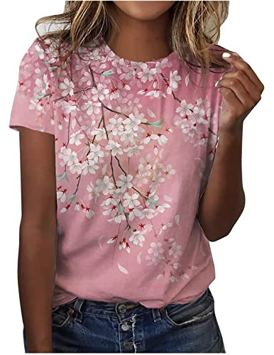 Dyhxuan T-shirt à manches courtes classique pour femme - Col rond - Vintage - Imprimé floral - Hauts d'été - Col rond - Pull basique - T-shirt ample - Chemisier en coton - T-shirt d'été